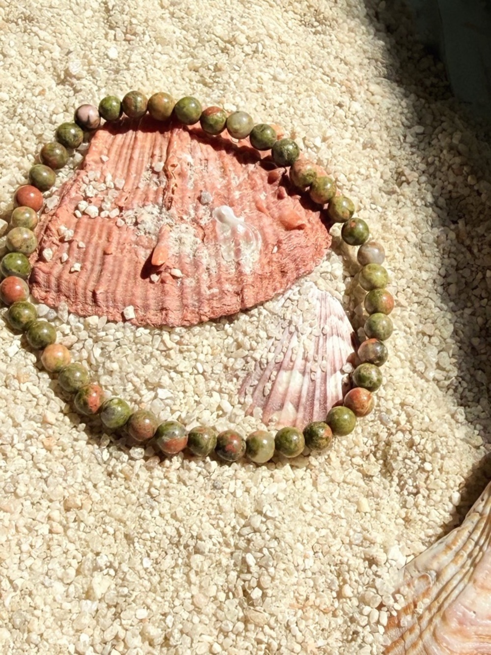 Natural Green and Pink Unakite Beaded Bracelet - Stretch Gemstone Bracelet
